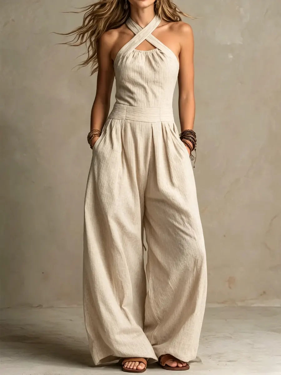 Fiorenzae™ | Elegant Wide-Leg Crossover Jumpsuit